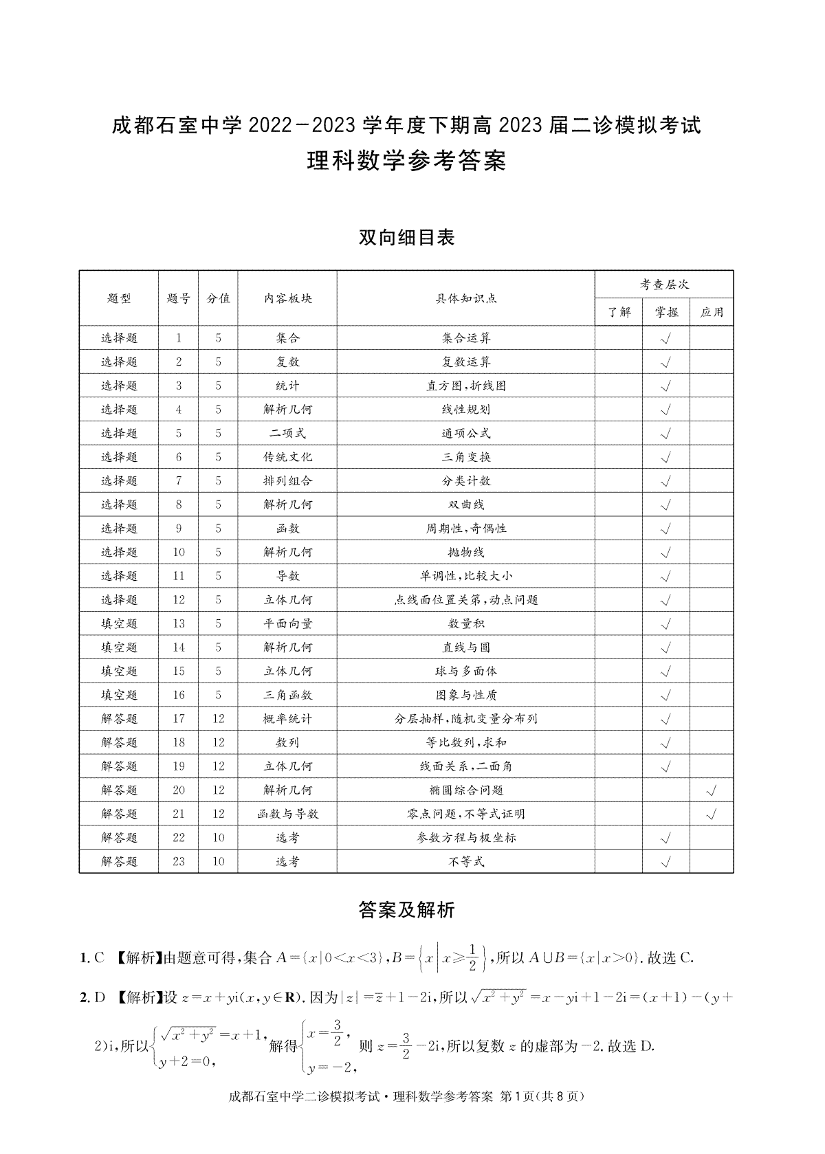 成都石室中學(xué)2022-2023學(xué)年度下期高2023屆二診模擬考試?yán)頂?shù)答案