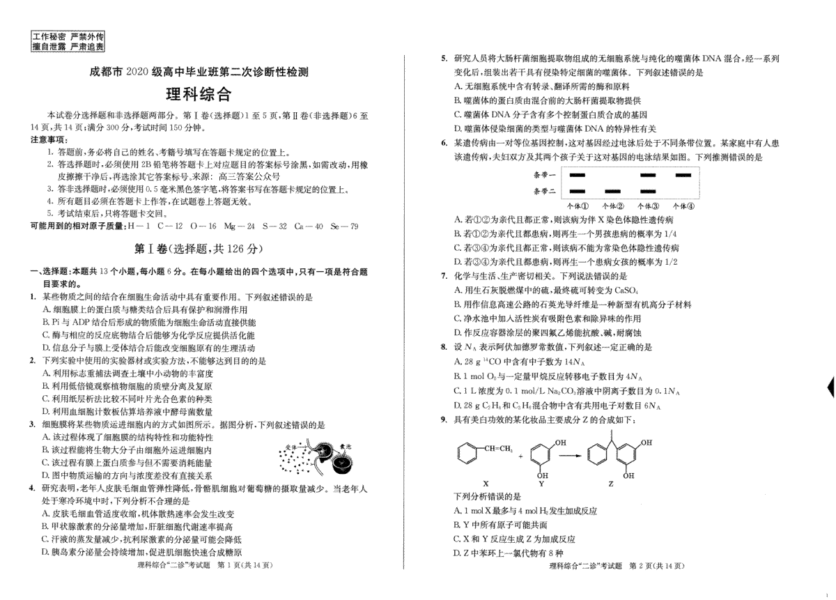 成都市2020級(jí)高中畢業(yè)班第二次診斷性檢測(cè)理綜